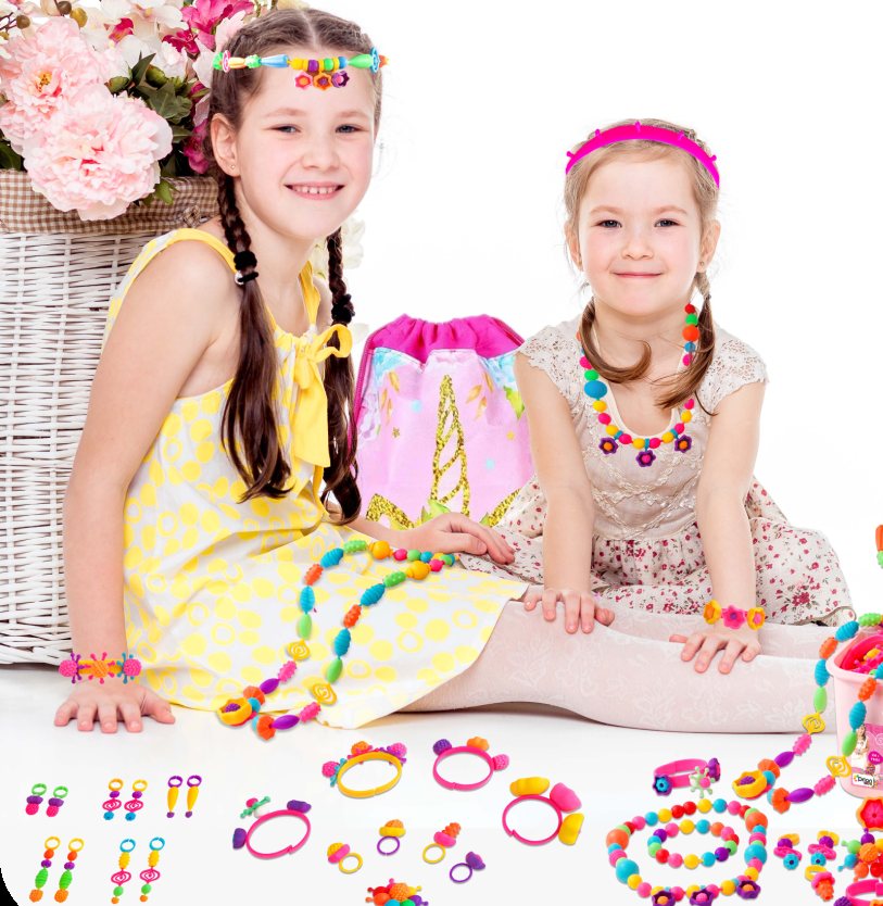 Two girls wearing necklaces made with Orian pop beads