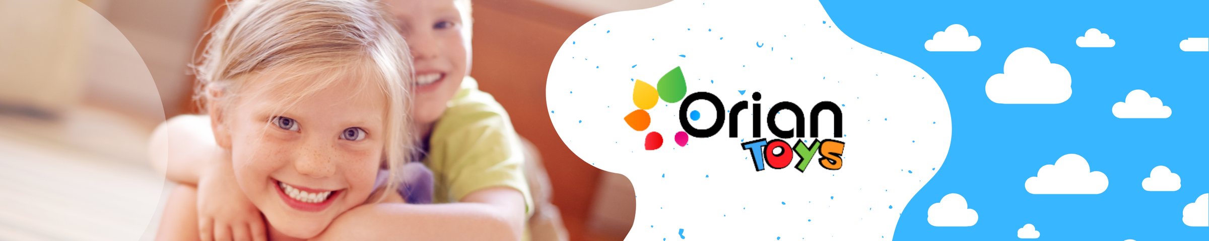 Orian Toys banner with a smiling girl and blue sky clouds